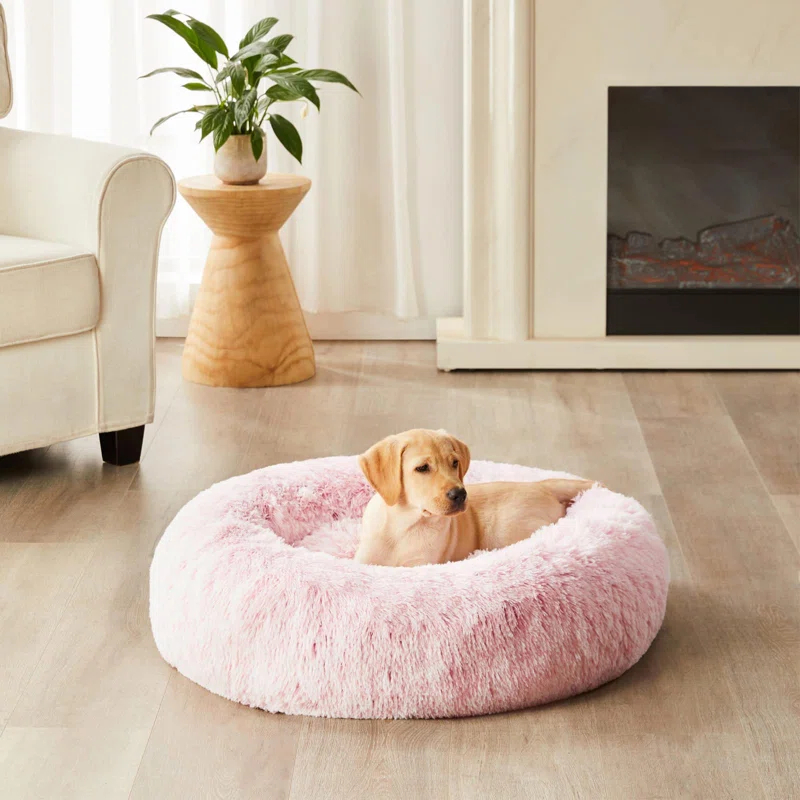 Calming Dog Bed Cat Bed Donut, Faux Fur Pet Bed Self-Warming Donut Cuddler, Comfortable Round Plush Dog Beds (20 X 20 X 8 Inch, Light Pink)