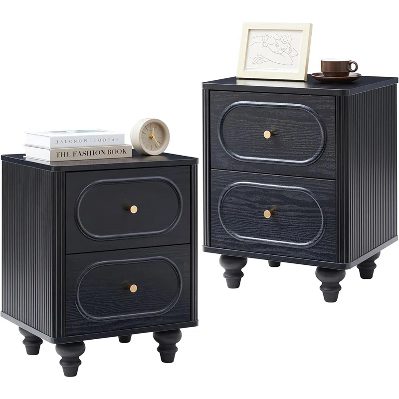 Canora Grey 2 Drawer Fluted Nightstand Set Of 2, Mid Century Modern Farmhous...
