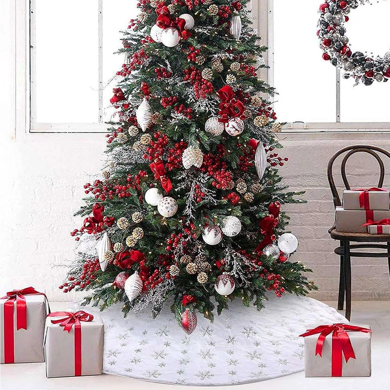 Deago 35.4 Inch Christmas Tree Skirt White Faux Fur Snowflake Tree Skirt for Christmas Decoration