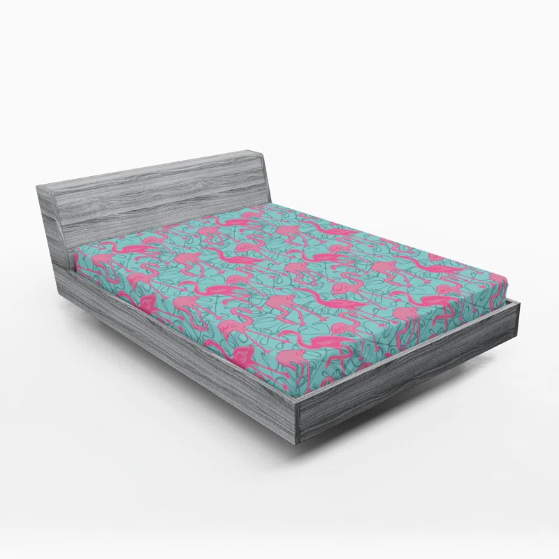 Ambesonne Ambesonne Tropical Fitted Sheet Art Boho Pattern Flamingo Pastel Pink Seafoam