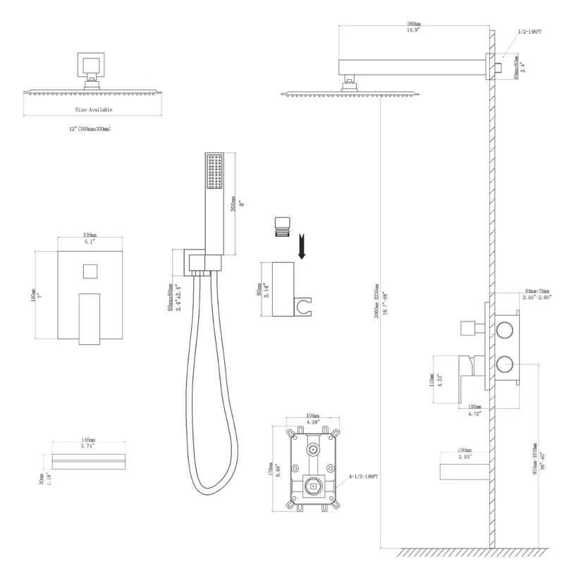 Kichae KE-KH-SLF16013-B 12 Inch Dual Shower Head Wall Mounted Shower System with Rough-In Valve