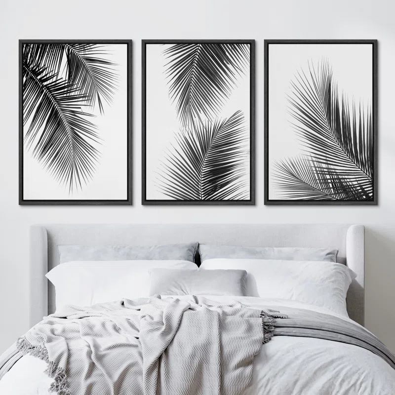 IDEA4WALL Minimal Botanical Black And White Tropical Palm Tree Leaves Organic Modern Framed Canvas 3 Pieces Print Wall Art