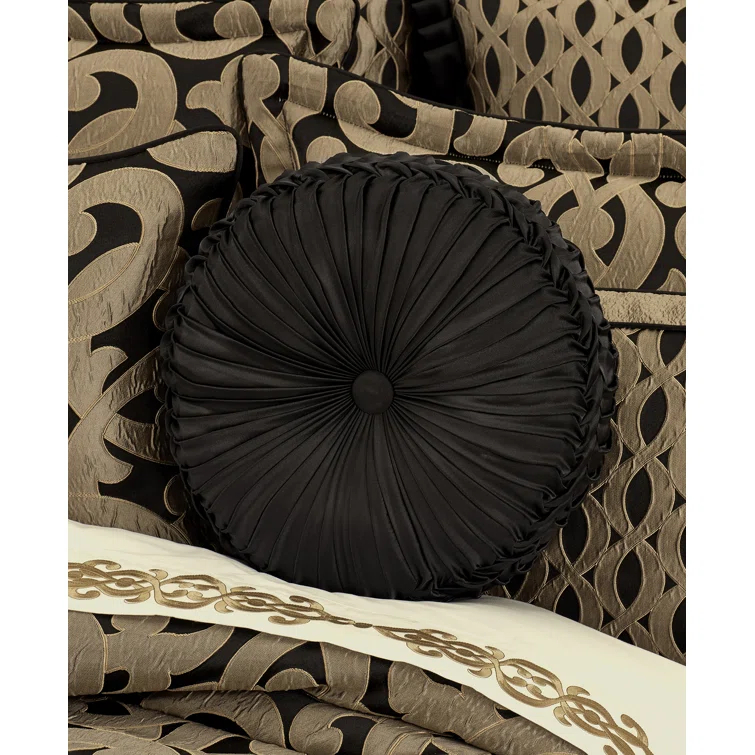 Elegant Black Satin Tufted Round Decorative Throw Pillow