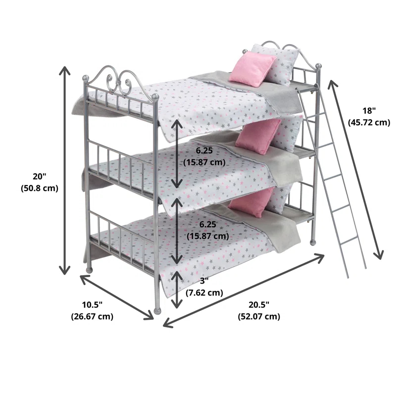 Badger Basket Scrollwork Triple Doll Bunk Bed with Ladder and Bedding