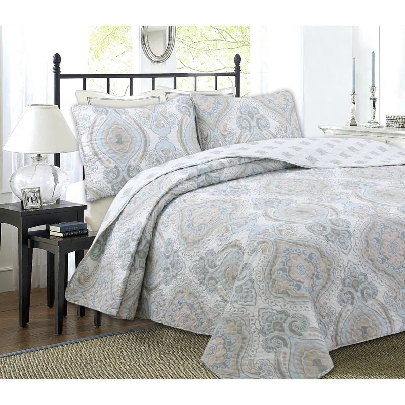 Cozy Line Home Fashion Modern Medallion Sky Blue Tan Gray Brocade Geometric Shapes Quilt Set