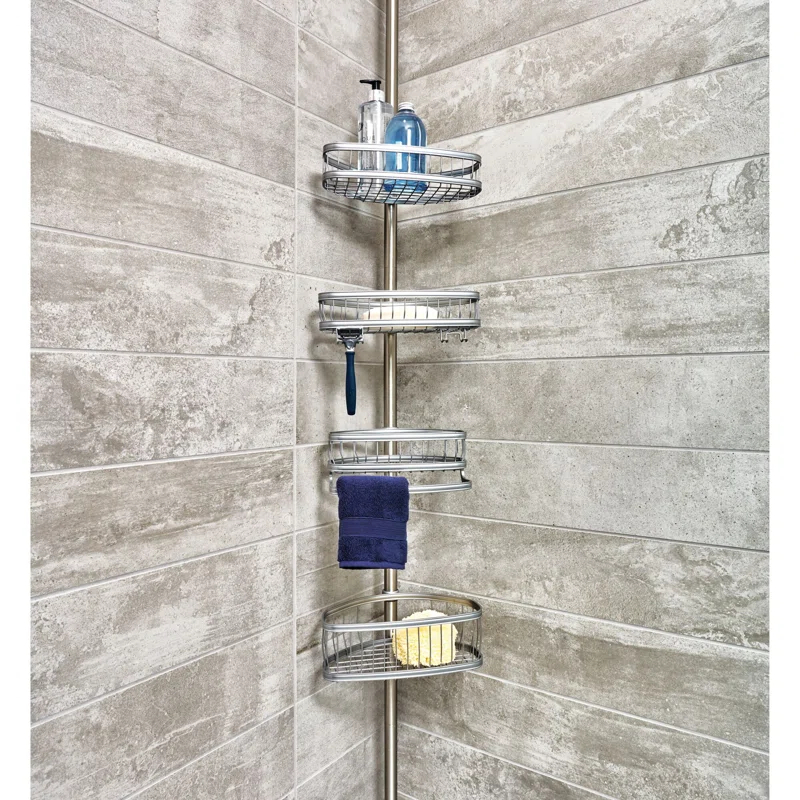iDesign iDesign York Metal Wire Tension Rod Corner Shower Caddy, Adjustable 5'-9' Pole and Baskets, Silver