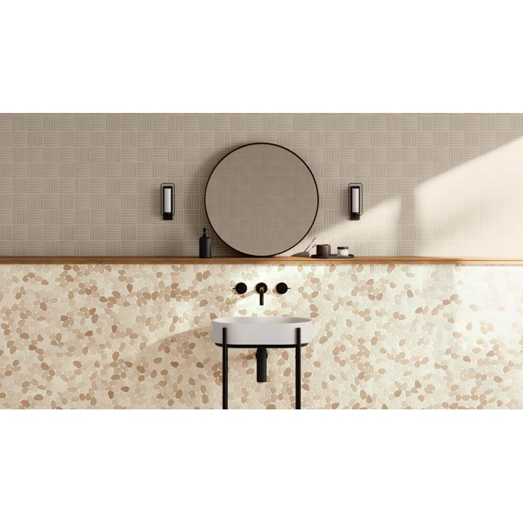 Bedrosians Waterbrook 12" x 12" Natural Stone Pebbles Wall & Floor Tile in White/Tan