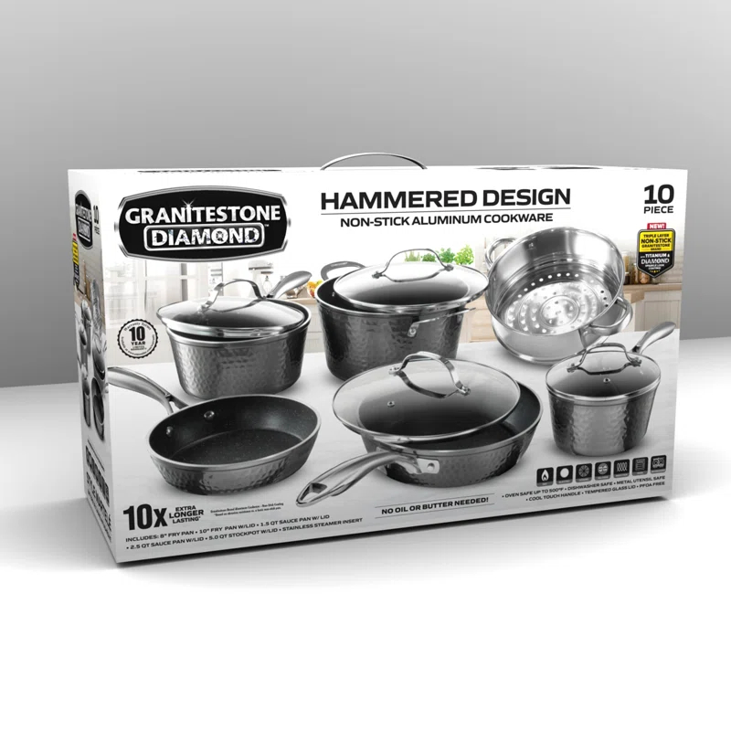 Granitestone Granitestone Hammered 10 Piece Aluminum Nonstick Cookware Set with Stay Cool Handles, Oven & Dishwasher Safe
