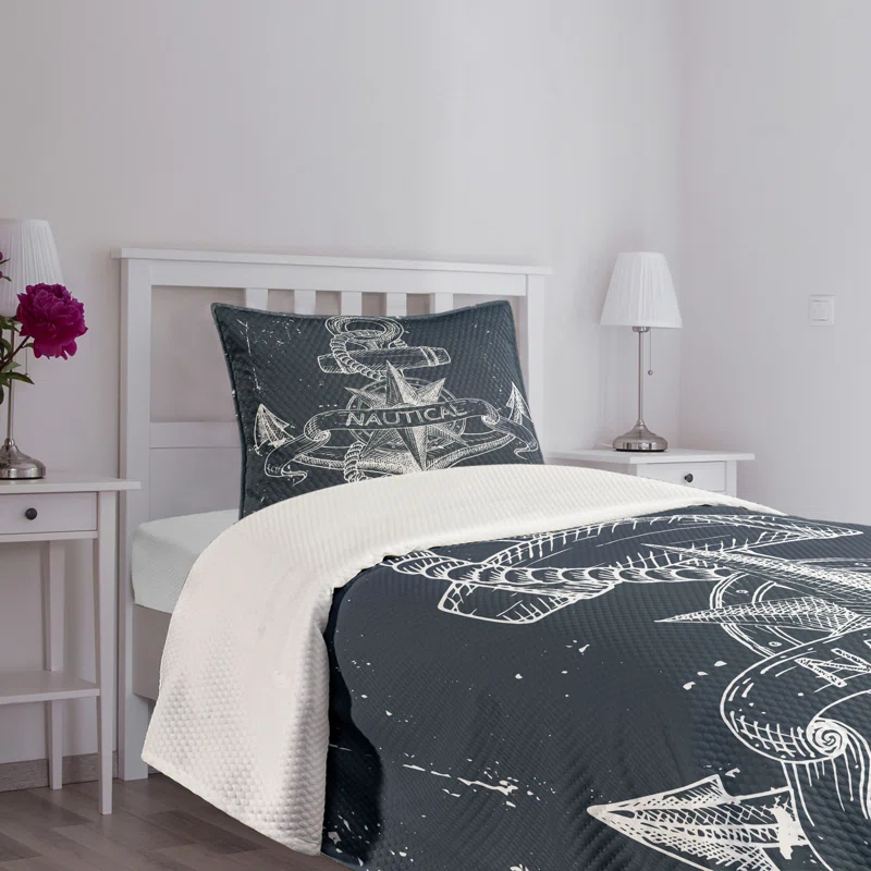 Ambesonne Ambesonne Nautical Bedspread Set Knot Anchor Compass Dark Blue White