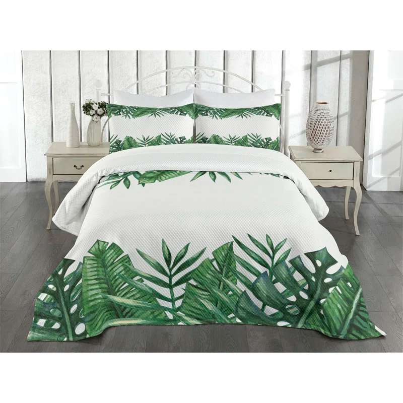 Ambesonne Ambesonne Palm Leaf Bedspread Set Forest Leaves Frame Hunter Green