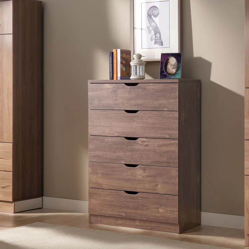 Modern five drawer clothes and storage chest cabinet with cutout handles in Hazelnut color