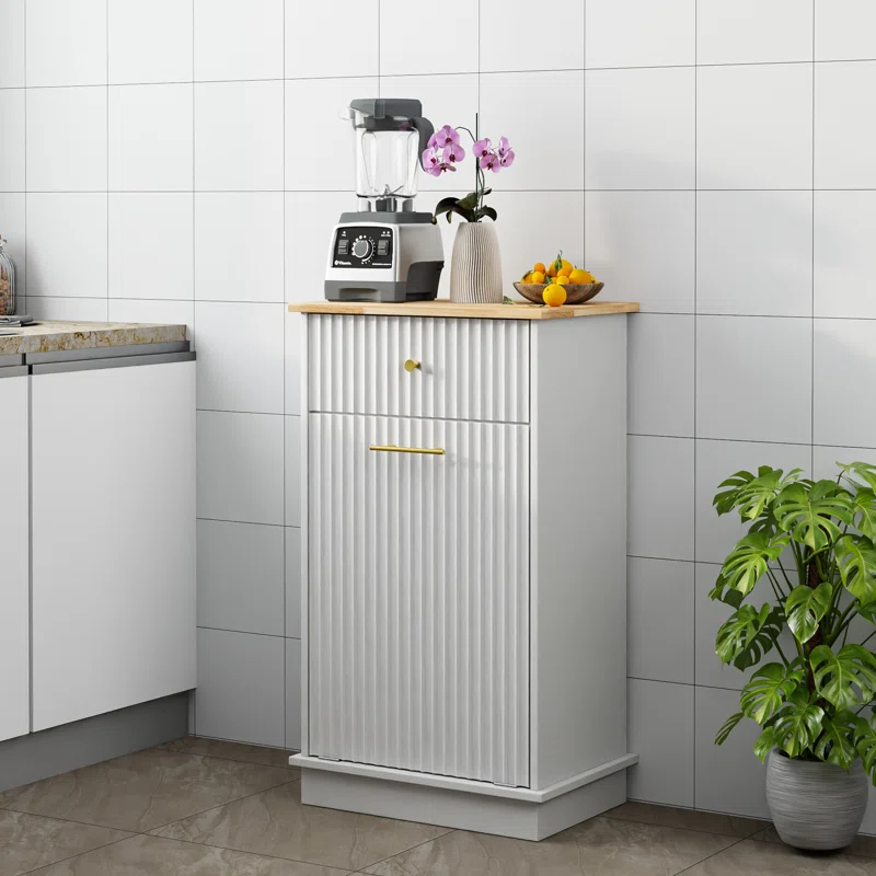Alaulm 10 Gallons Tilt out Trash Can Cabinet with Drawer, Freestanding Kitchen Trash Can Cabinet (Not Include Trash Can)
