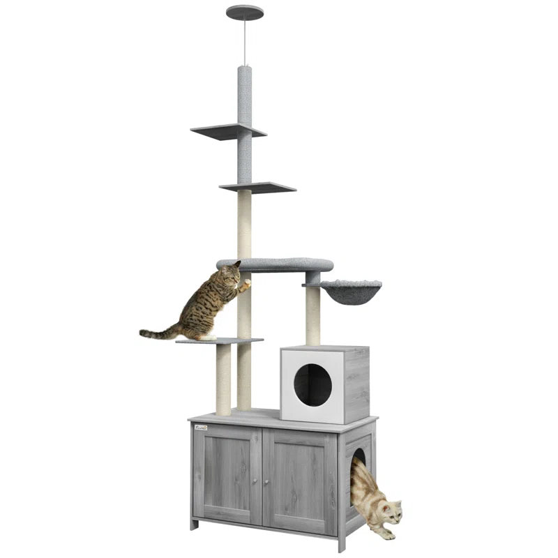 Tucker Murphy Pet™ Cat Tree With Litter Box Enclosure, 2 In 1 Floor To Ceiling Cat Tower Litter Box Furniture With Condo, Bed, Hammock, Scratching Posts, And Platforms For Indoor Use