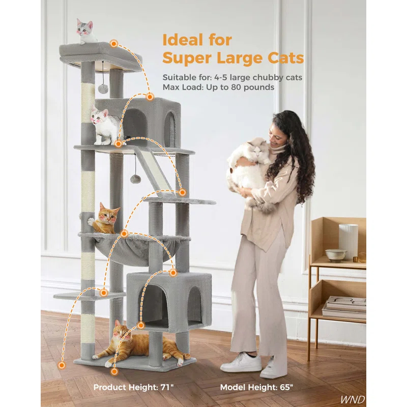 71" Indoor Tall Large Cat Tree Multi-Level Cat House With 2 Big Condo Pad Bed, Cozy Hammock And Scratching Posts