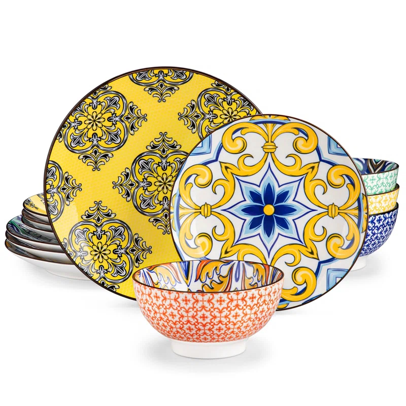 Bloomsbury Market Plates And Bowls Sets For 4,  Porcelain Dinnerware Sets Dishware Sets Chip Resistant Ceramic Dish Set Dining Dinner Ware Service, Series Jasmin,(12 Pieces/Mixcolor)