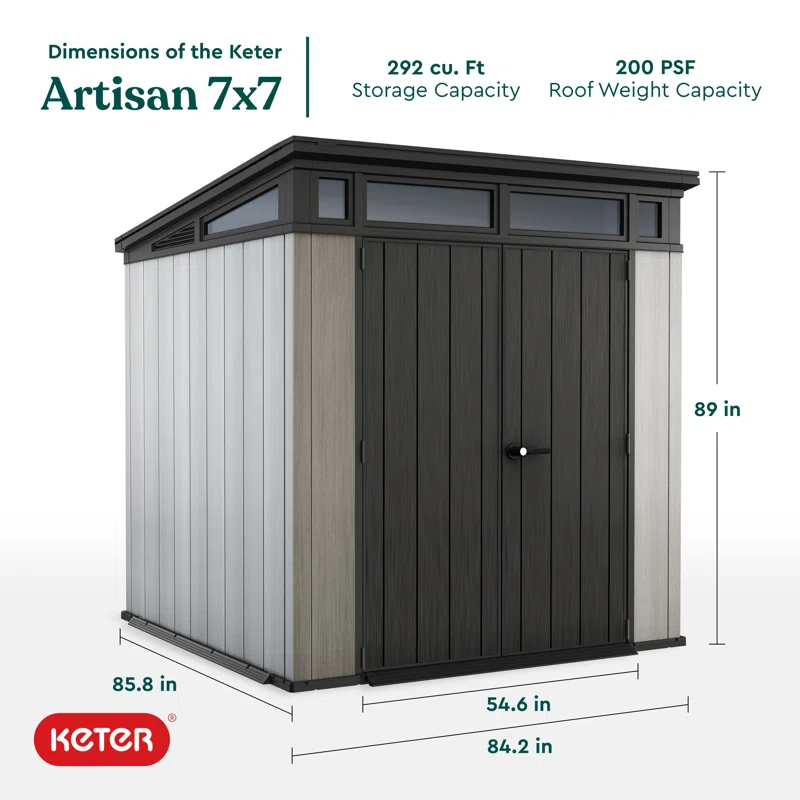 Keter Artisan 7x7 ft. Modern Durable Resin Outdoor Storage Shed With Floor and Double Doors for Garden Patio Furniture and Tools, Grey