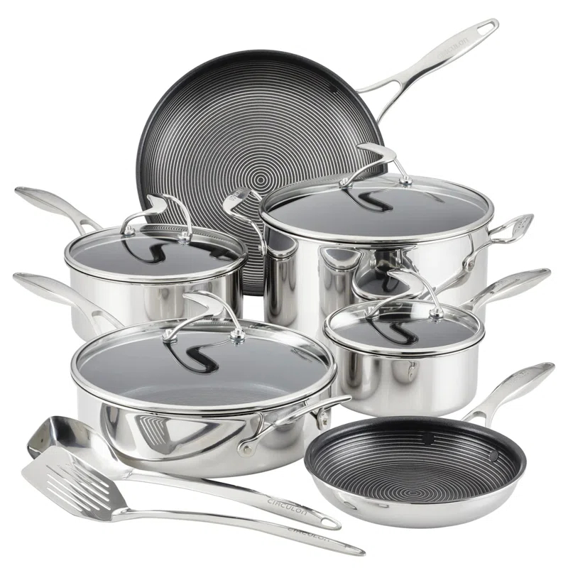 Circulon Circulon Clad Stainless Steel Cookware and Utensil Set with Hybrid SteelShield Nonstick, 12-Piece