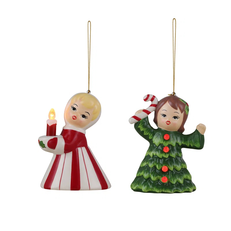 Mr. Christmas Nostalgic Set of 2 Vintage Christmas Kid Ornament - Candy Cane and Tree Girl