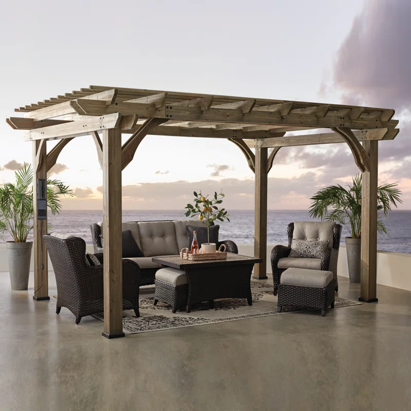 Backyard Discovery Backyard Discovery Somerville 14' x 10' Cedar Wood Outdoor Patio Pergola Kit with Trellis Roof and PowerPort