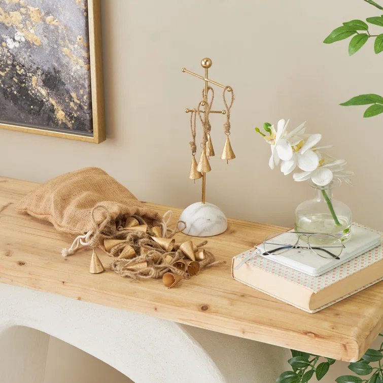 Rosalind Wheeler Metal Tibetan Inspired Indoor Outdoor Gold Decorative Bells With Brown Jute Rope And Canvas Drawstring Tote Set (Set of 36)