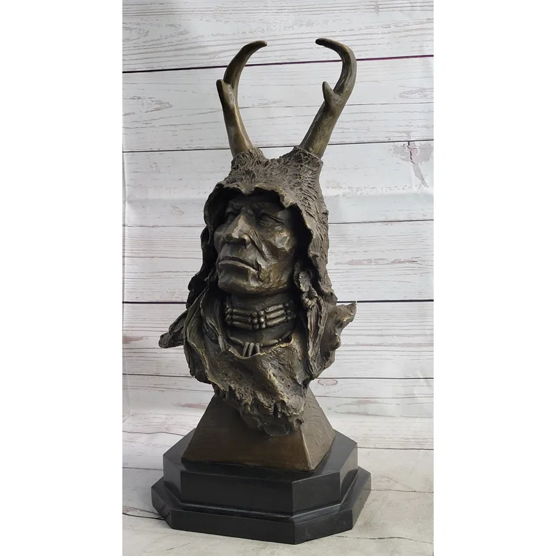 Canora Grey Native American Indian Shaman Man In Antler Headdress Bronze Sculpture Statue On Marble Base