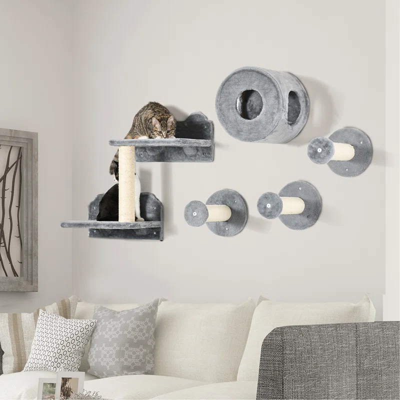 George Oliver Versatile Cat Wall Shelves Set With Condo, Cushion, Scratching Post And Jumping Platform