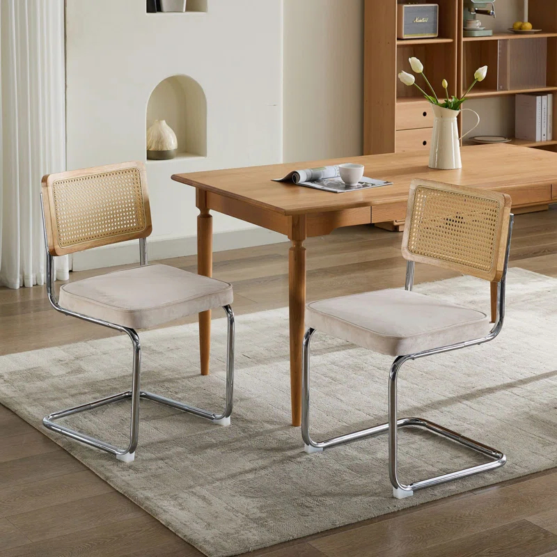 Orren Ellis Modern Dining Chairs Set Of 2, Velvet Accent Chairs With Natural Cane Back & Stainless Chrome Base, Famous Breuer Designed Chairs, Upholstered Rattan Kitchen Chairs