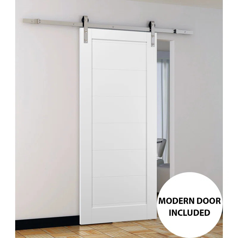 SARTODOORS Quadro Paneled Wood Barn White Door with Installation Hardware Kit