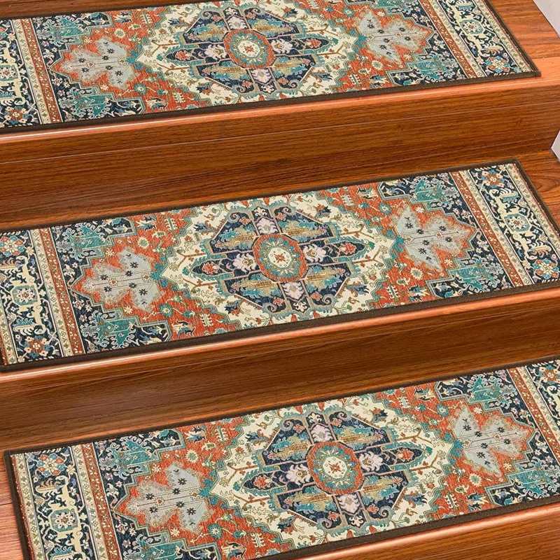 Bungalow Rose Stair Treads For Wooden Steps Indoor, 15 Pack 8" X 30" Non Slip Carpet Stair Treads With Reusable Adhesive For Kids Elders And Dogs, TPR Backing Stair Rugs Oriental Staircase Step Treads,Bohemia