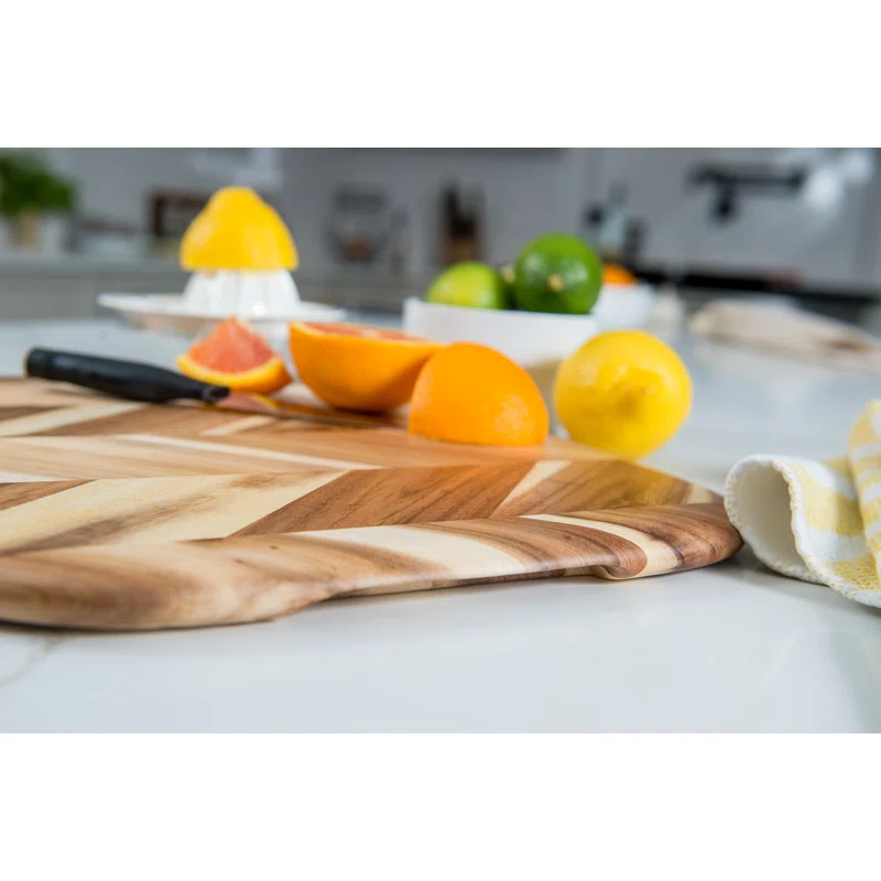 Lipper International Acacia Herringbone Rounded Edge Cutting/Serve Board With Inset Handles, Small
