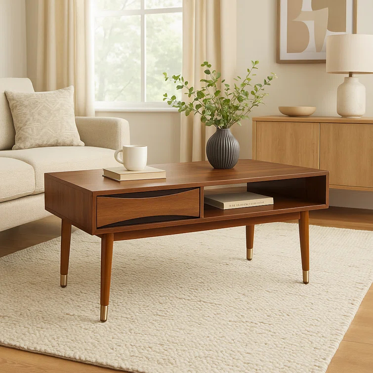 Wrought Studio™ Sabornton 40" Mid-Century Modern Coffee Table with Storage Shelf, Walnut Finish and Brass Leg Tips