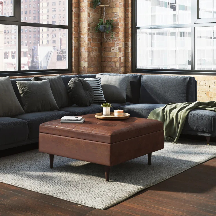 Simpli Home Shay 38"W Upholstered Square Coffee Table Storage Ottoman with Lift Top and Tufted Detail