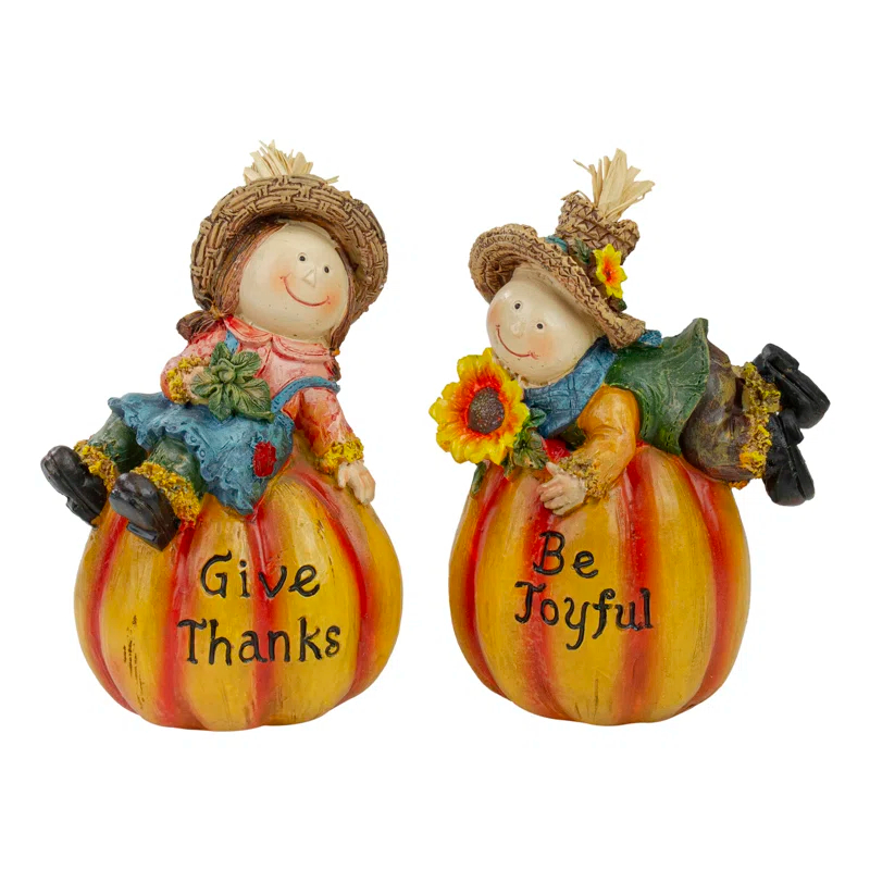 Northlight Seasonal Girl and Boy Scarecrows with Pumpkins Fall Harvest Figures