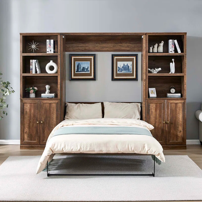 LOONGFIELD Full Size Half Self-Close And Open Murphy Bed With 2 Side Cabinet Storage Shelf, Cabinet Space-Saving Bed Perfect For Guest Room, Bed Room, Guest Room, Home Office