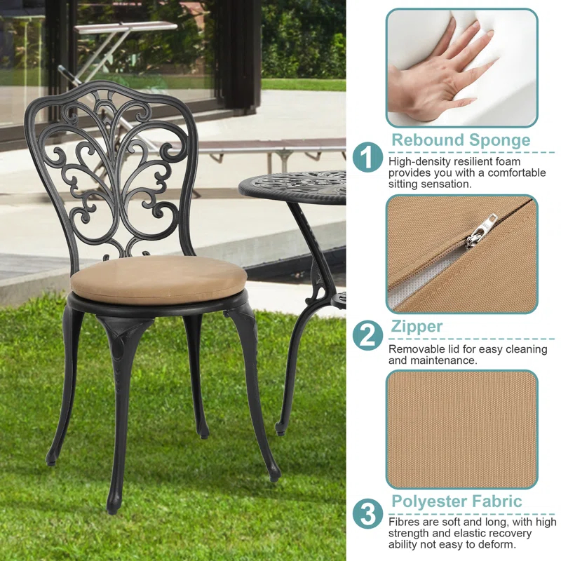 Astoria Grand 3 Piece Outdoor Patio Set Butterfly Pattern Cast Aluminum Bistro Table and Chairs Set of 2 with Cushion Black