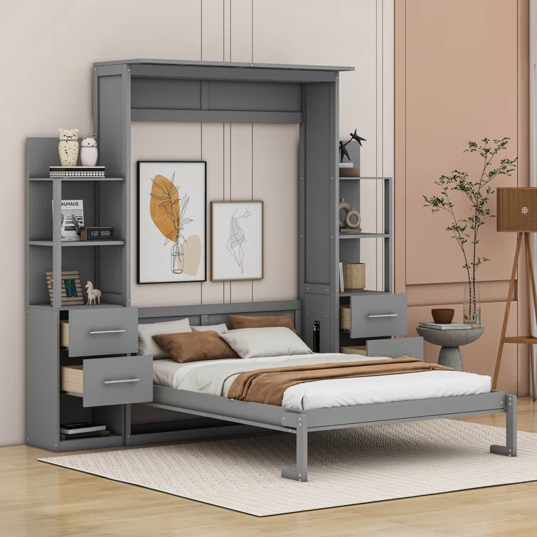 Cosmic Full Size Murphy Bed Wall Bed with Shelves, Drawers and LED Lights