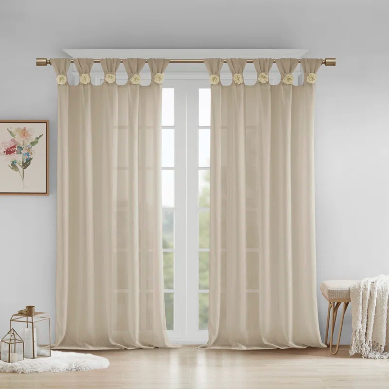 Madison Park Rosette Floral Embellished Cuff Tab Top Solid Curtain Panel