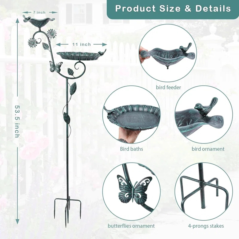 Ophelia & Co. Bird Baths And Feeder For Outdoors, 53 Inch Height Metal Birdbath Antique Garden Bird Feeder With Metal Stake For Garden Outside Yard Lawn Decorations, Green