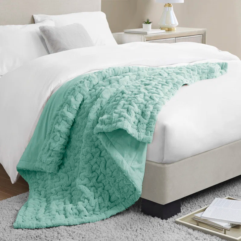 Madison Park Aqua Ruched Fur Throw 50x60"