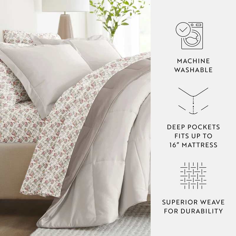 IEnjoy Home 7-Piece Reversible Bedding Bundle - Solid Comforter and Patterned Sheet Set