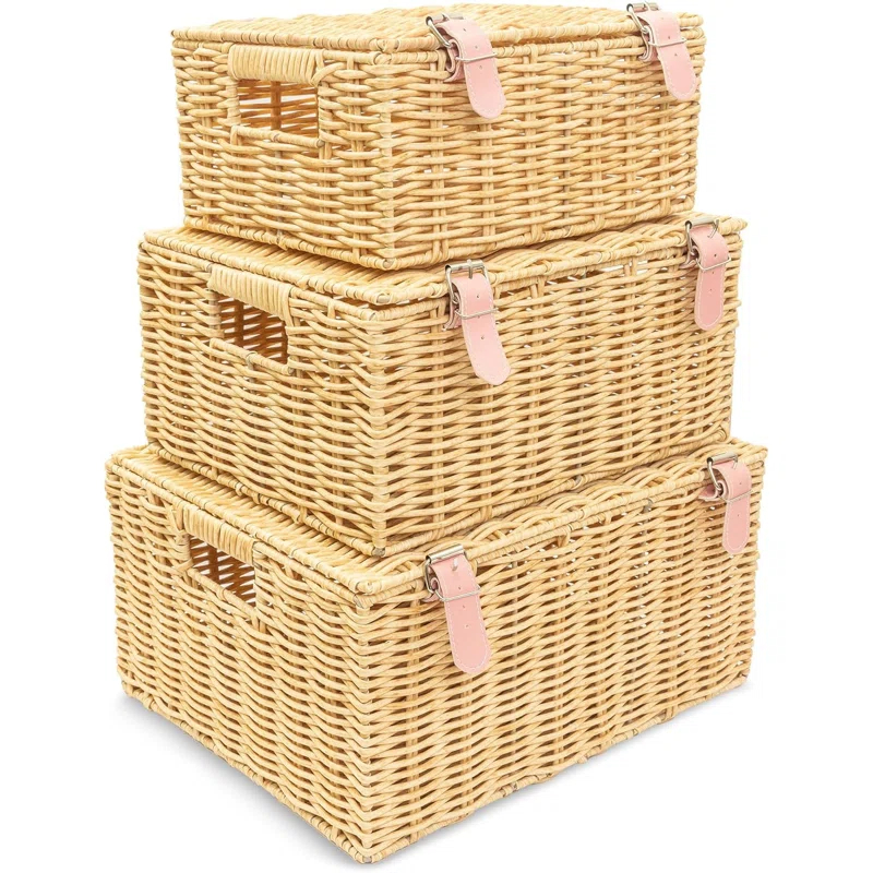 Bayou Breeze Wicker Baskets For Storage , Stackable Wicker Basket With Lid Set Of 3 – Wicker Baskets For Organizing Clothes, Toys, Books, Woven Storage Baskets For Nursery, Bedroom, Bathroom Decor
