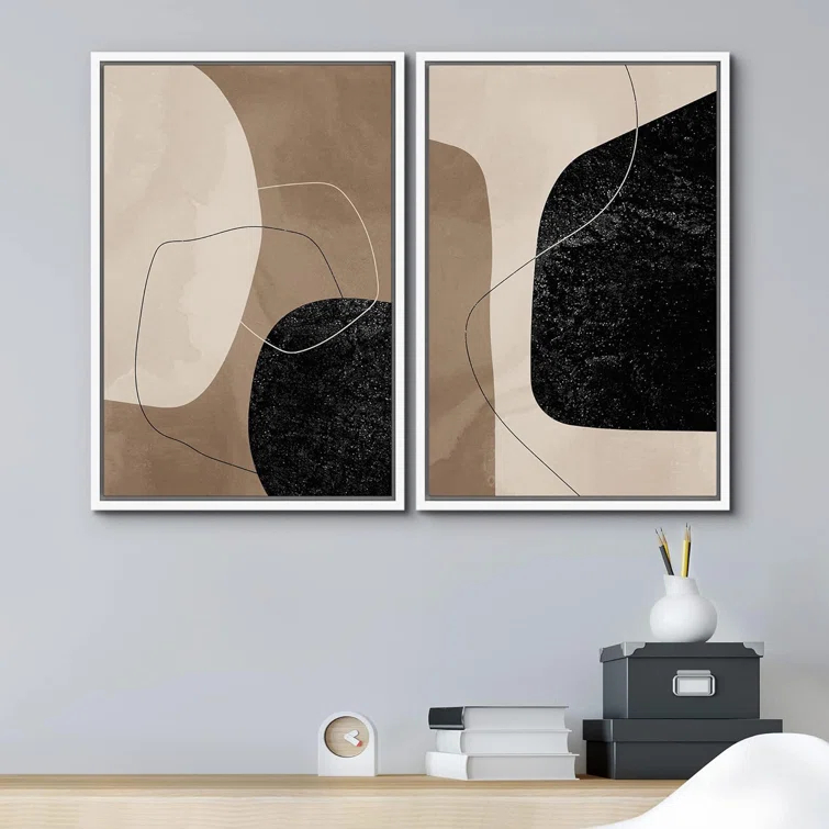 IDEA4WALL Mid Century Shape Brown Faded Black Abstract Modern Pictures Framed 2 Pieces Canvas Print Wall Art