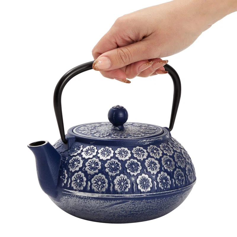 Bungalow Rose Japanese Cast Iron Teapot With Infuser For Loose Leaf And Tea Bags, Kettle Includes Handle And Removable Lid (Blue, 34Oz)