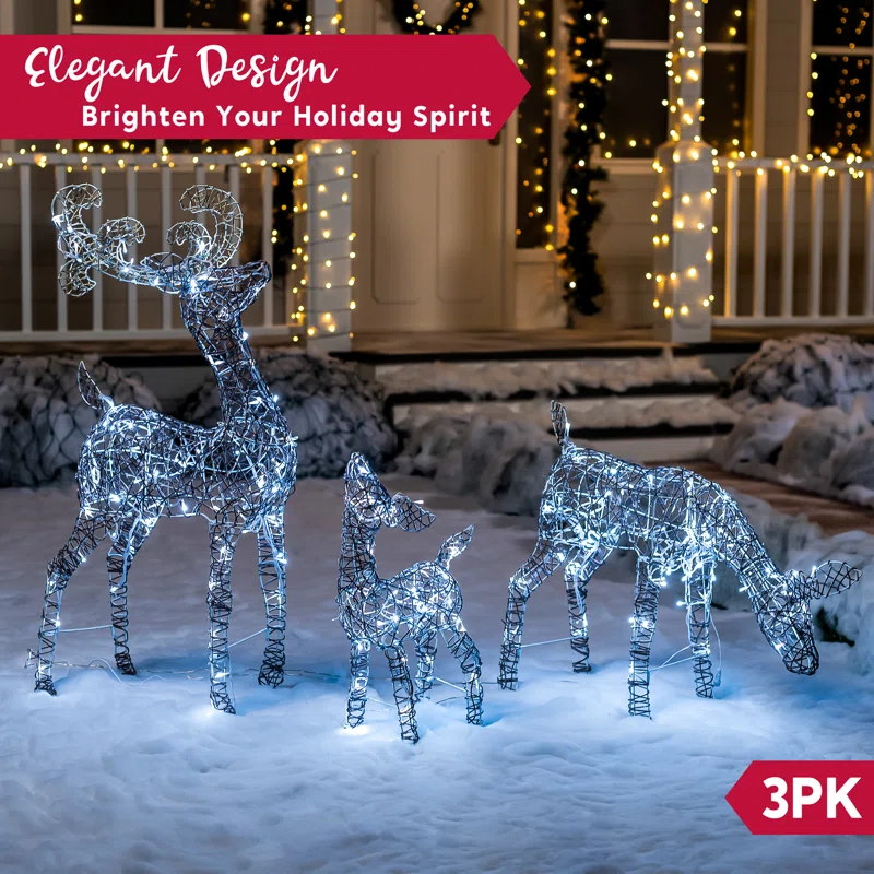 Joiedomi 3 Packs Christmas Decoration Deer Family, 185 LED Lighted Rattan Reindeers Yard Lights, Christmas Outdoor Decorations for Yard Garden Lawn, Xmas Decor, Cool White Deer