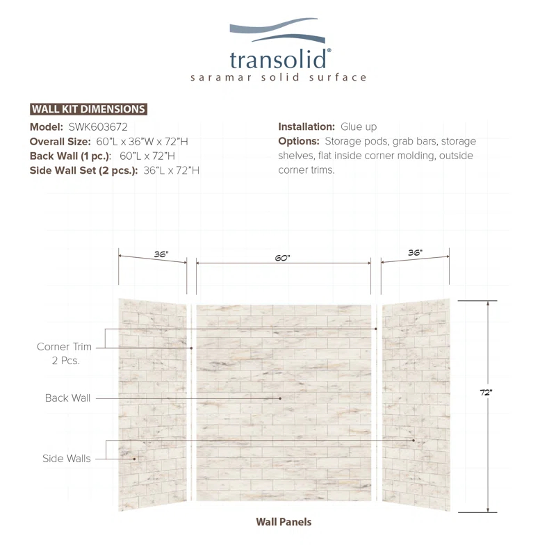 Transolid SaraMar 60'' W 36'' D 72'' H Glue Up Solid Surface Wall