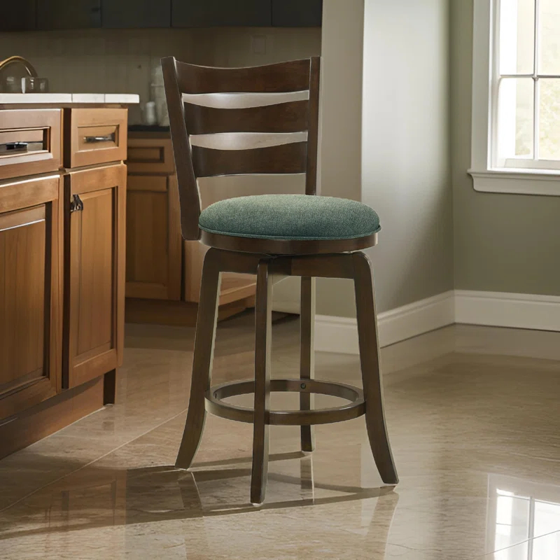 Benjara Mona Swivel Barstool Chair, Hunter Green Fabric, Dark Cherry Brown Finish