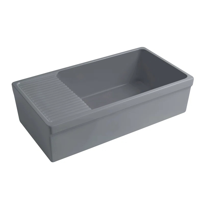 Whitehaus Collection WHQD540-M-CEMENT Whitehaus Collection 36” Single Bowl Fireclay Kitchen Sink: Integral Drainboard, Lip Front Apron