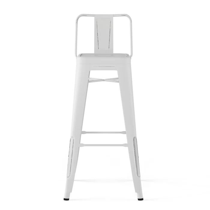Simpli Home Rayne Metal Industrial Stool with Curved Back, Cross-Brace, and Footrest