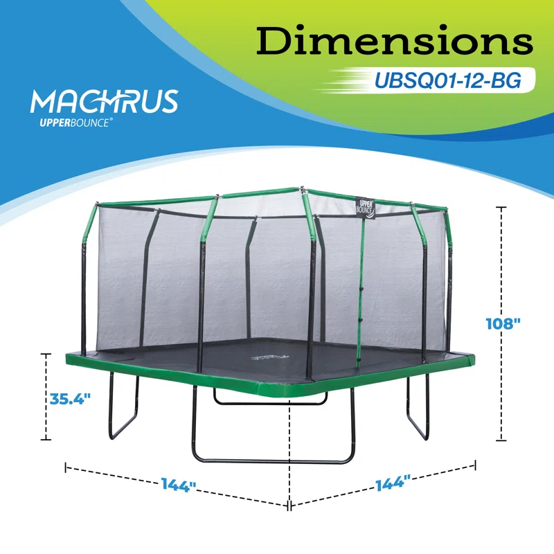Upper Bounce Machrus Upper Bounce 12 x 12 FT Square Trampoline Set with Premium Top-Ring Enclosure and Safety Pad
