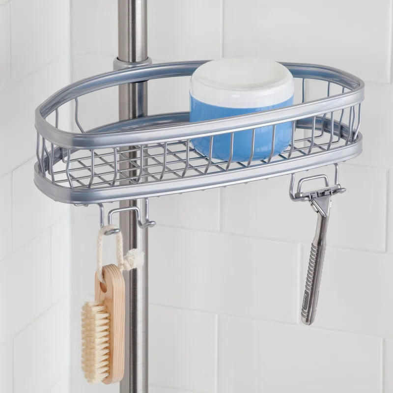 iDesign iDesign York Metal Wire Tension Rod Corner Shower Caddy, Adjustable 5'-9' Pole and Baskets, Silver